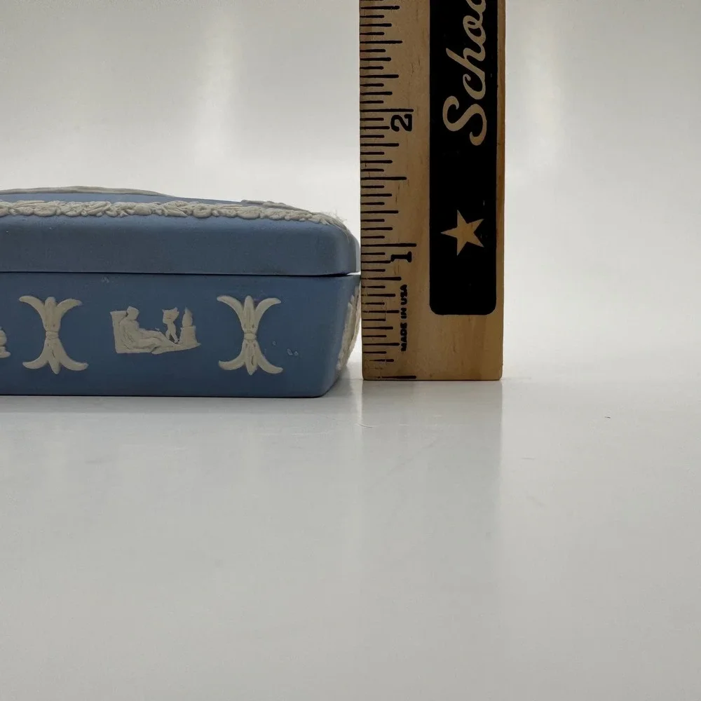 Wedgwood Blue Jasperware Rectangular Trinket Box Neoclassical Made in England